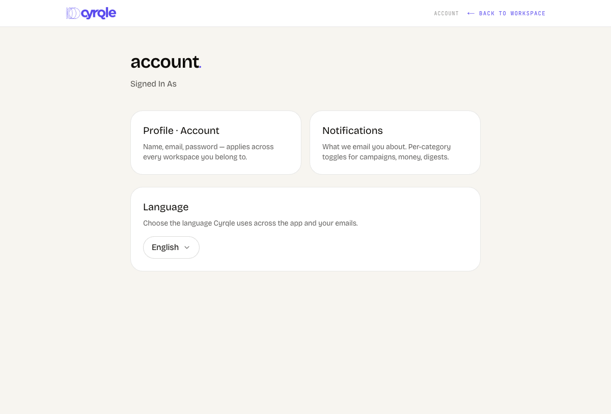 The language selector on the account home page