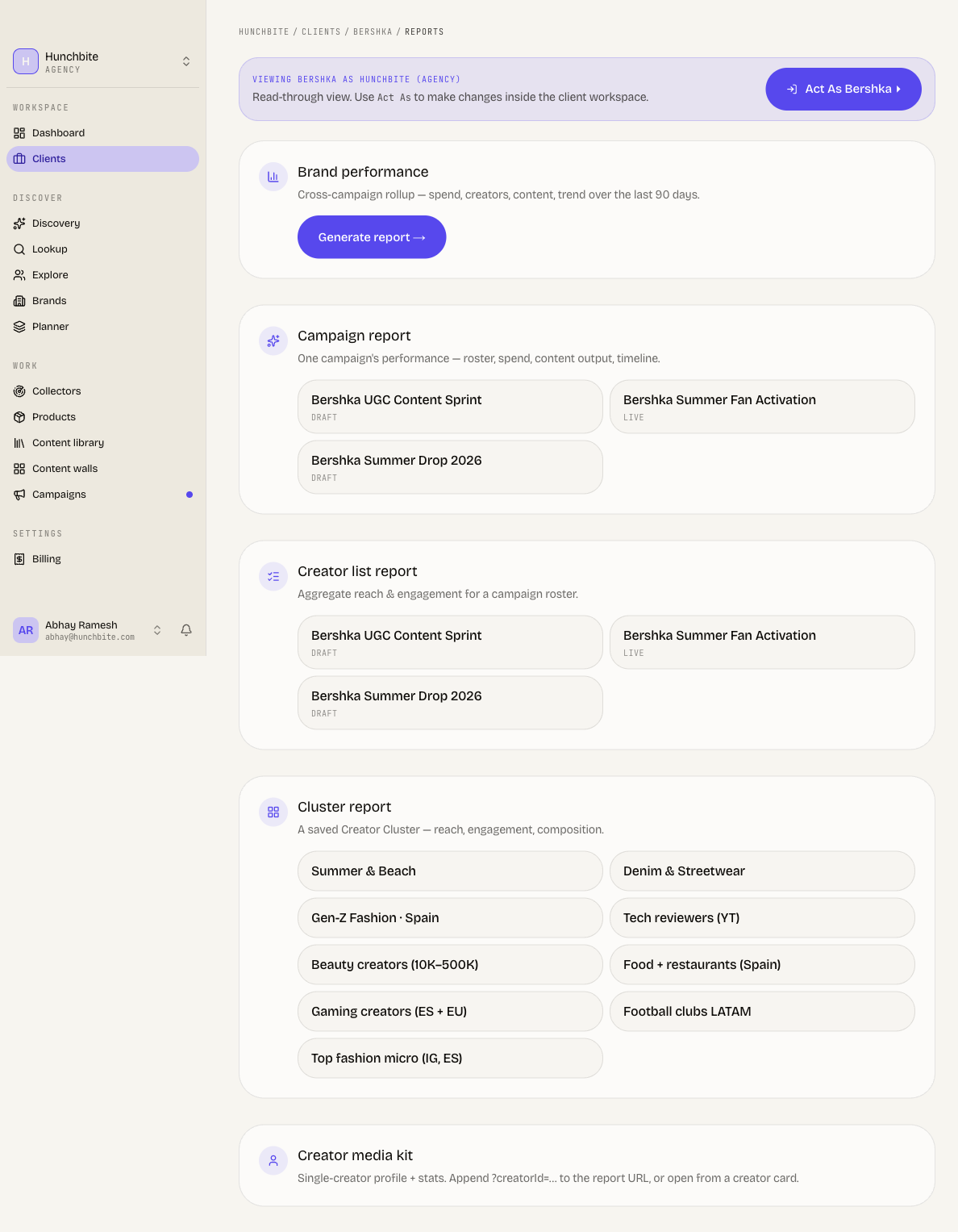 Agency report builder with report-type cards and pickable subjects