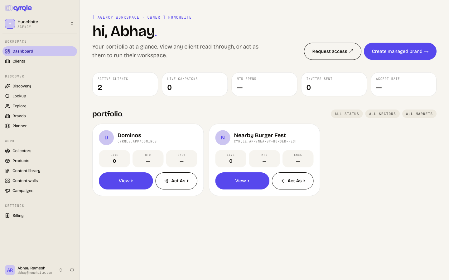 Agency dashboard summary row and portfolio