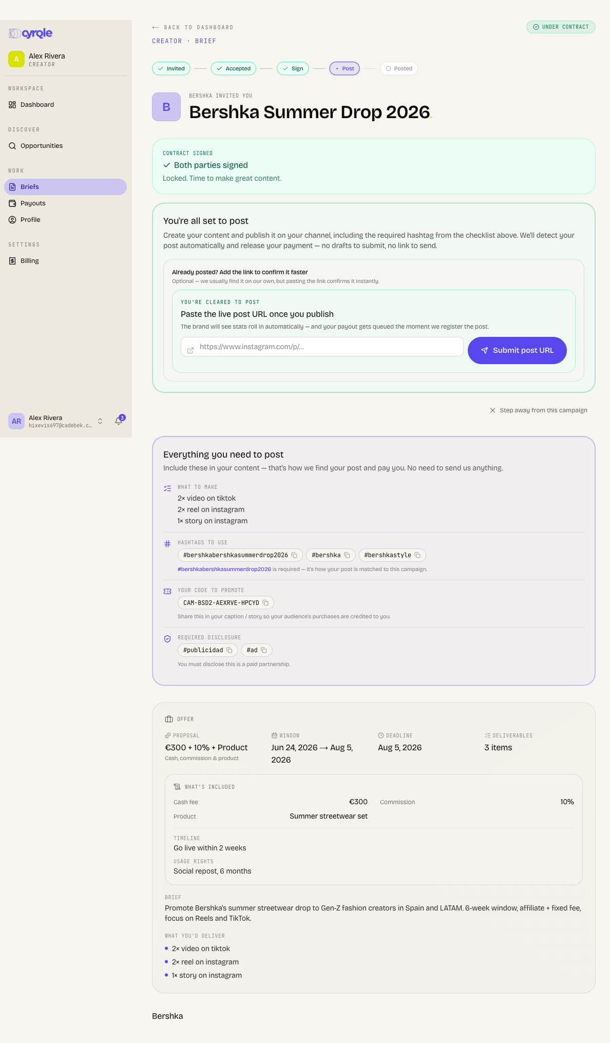 Post checklist and produce step on a signed brief