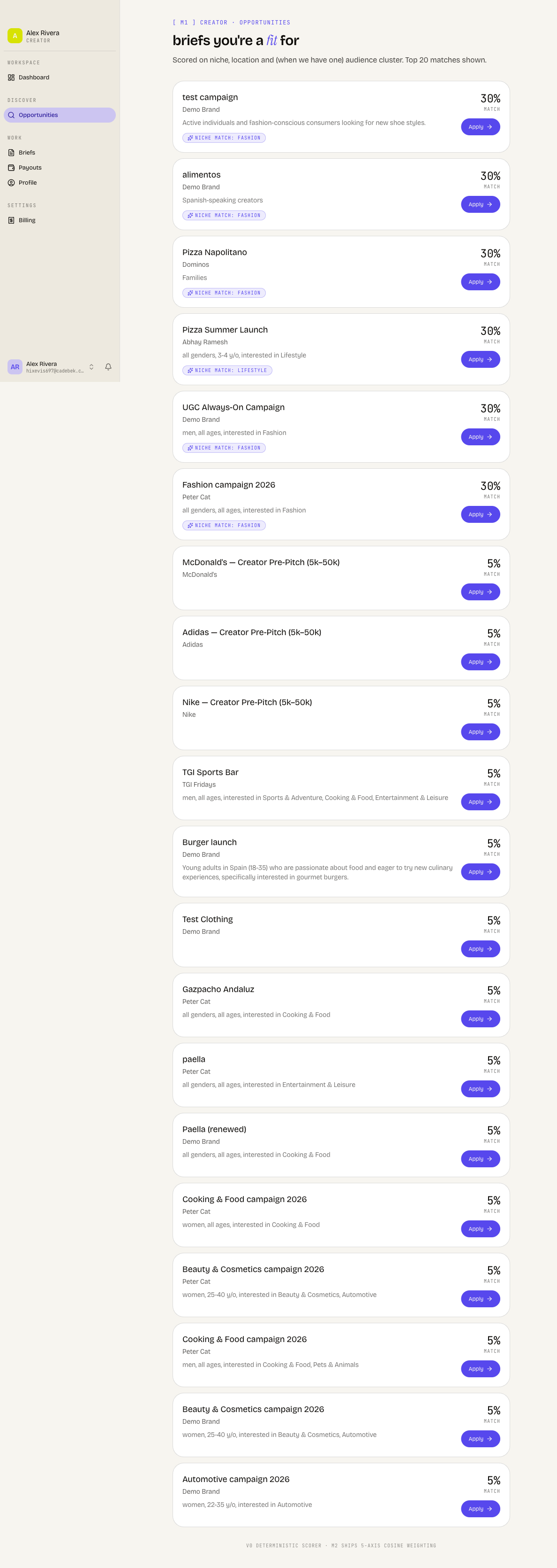 Opportunities list showing matched briefs