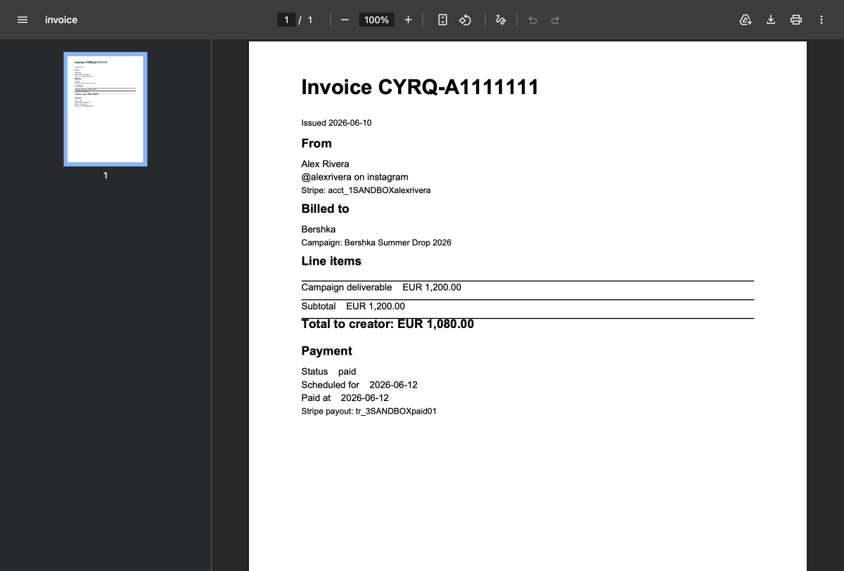 Payout invoice PDF showing line items and total to creator