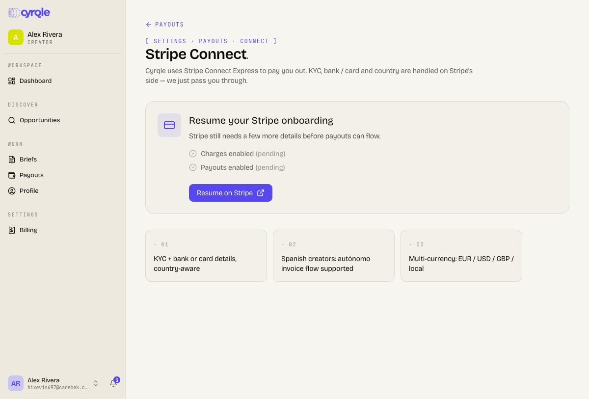 Stripe Connect onboarding entry with charges and payouts status