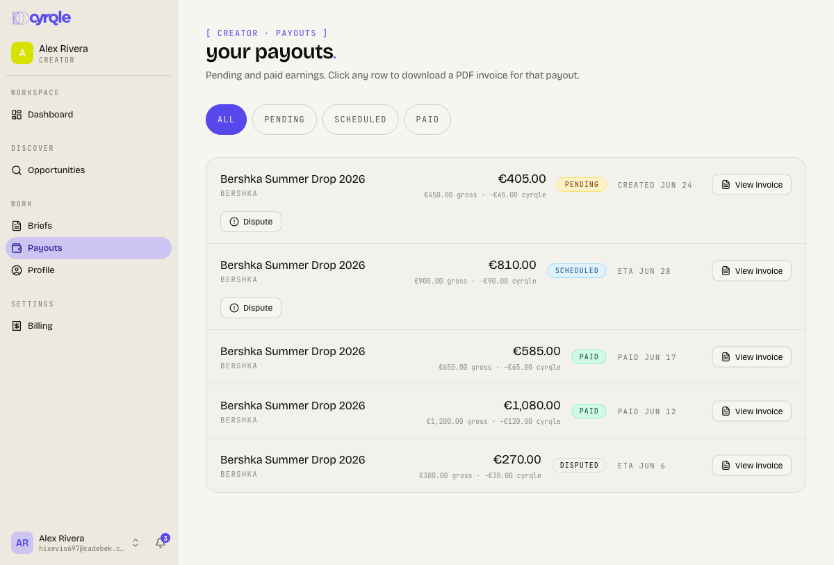 Payouts page with filter chips and Stripe connect banner