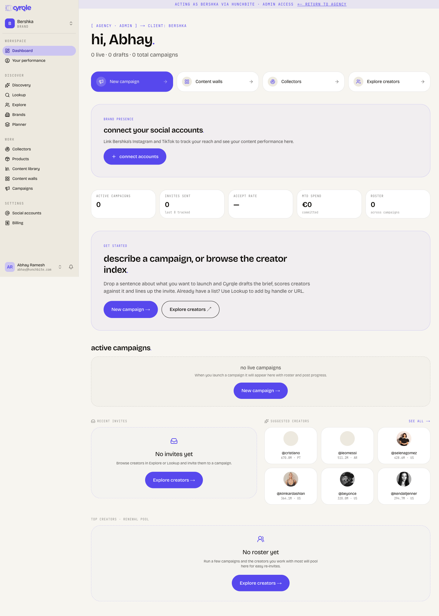 Brand dashboard with the attention feed and key numbers populated