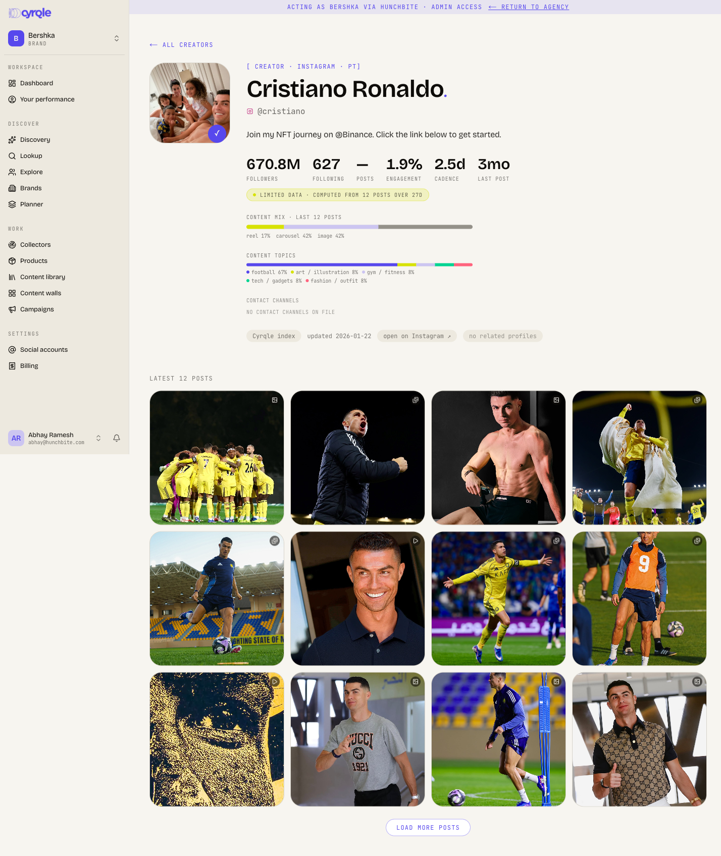 Creator profile with stats, content mix, and contacts