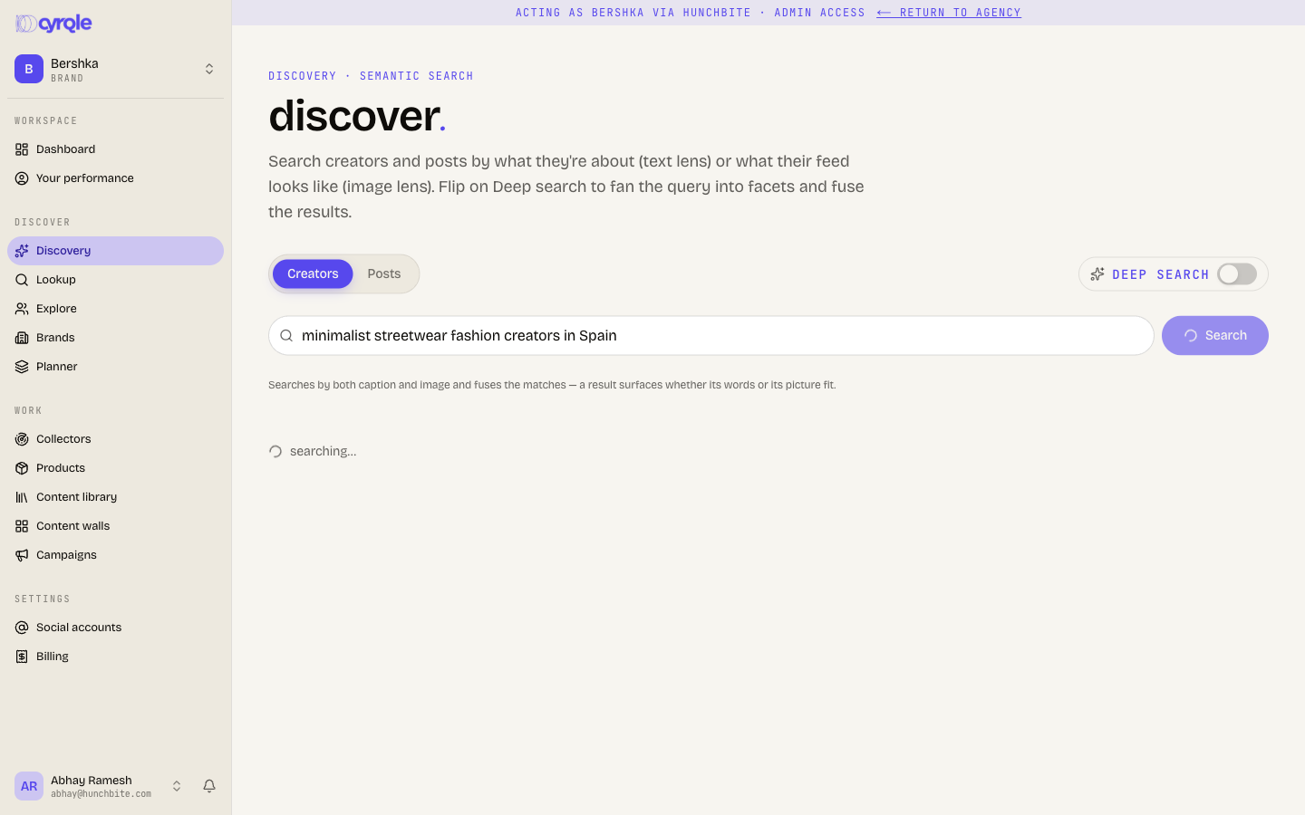 Discovery search with creators and posts tabs