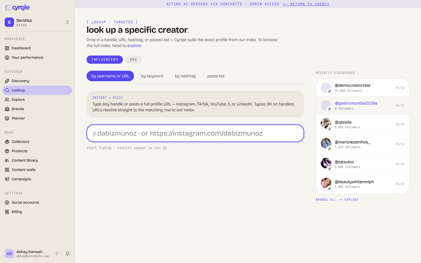 Lookup with the handle, keyword, hashtag, and bulk methods