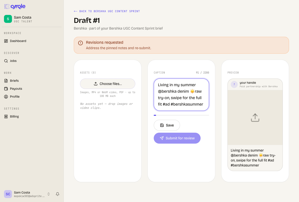 Deliver-work editor with asset upload, caption and submit-for-review