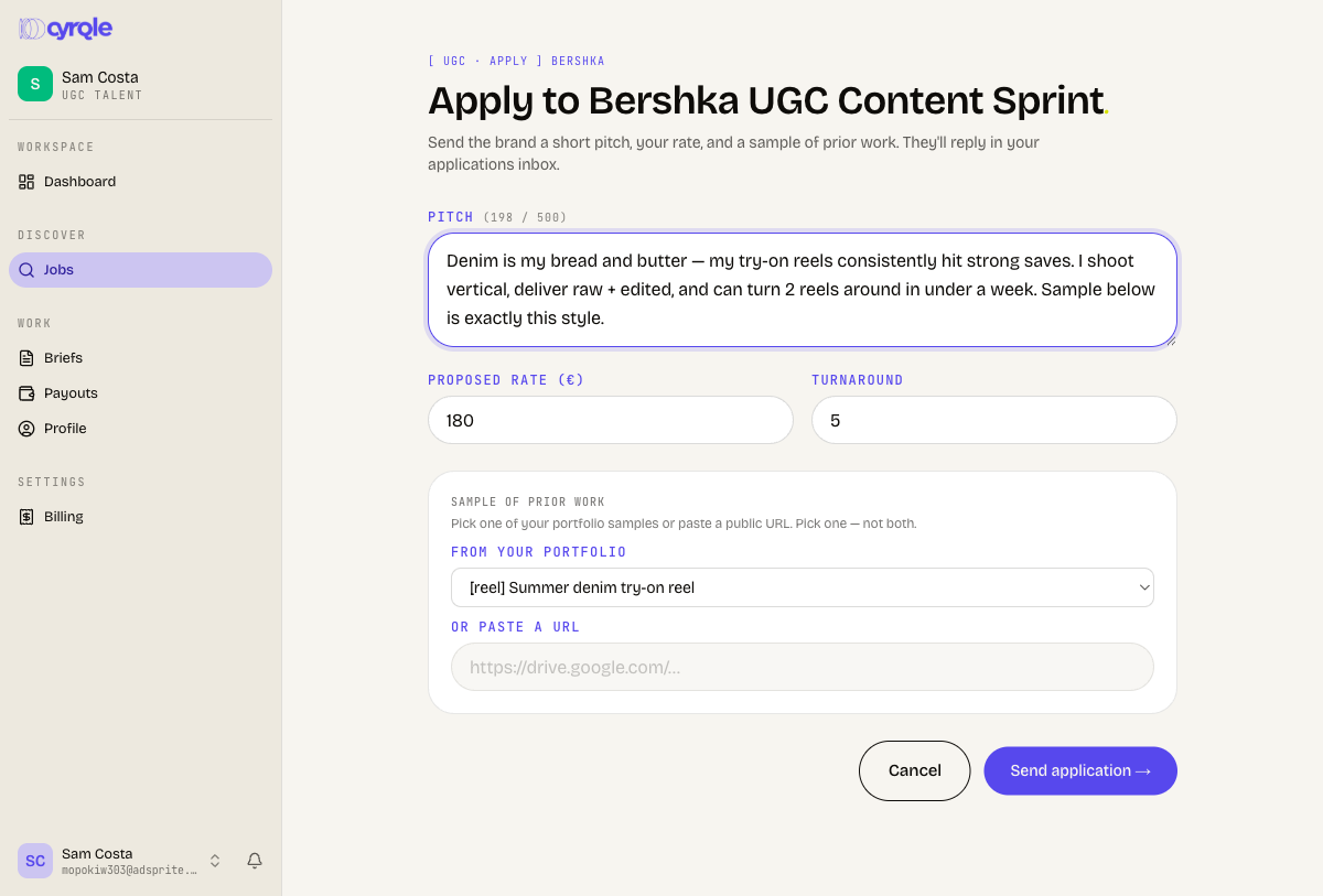 UGC job application form with pitch, rate, turnaround and sample picker