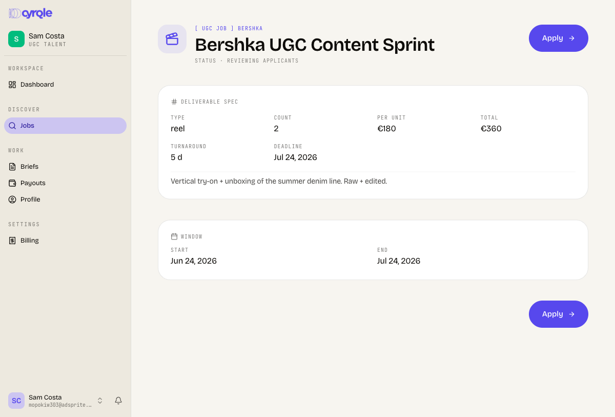 UGC job detail with the deliverable spec and Apply button