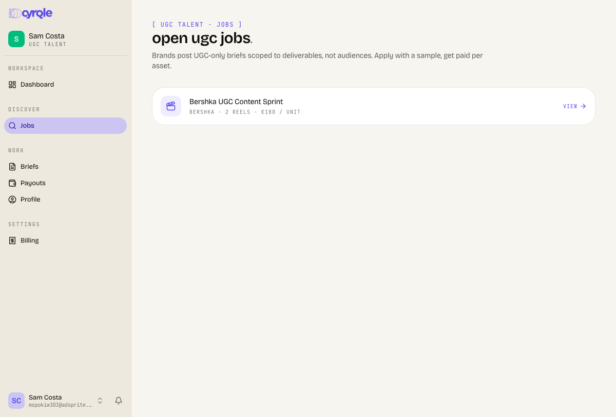 Open UGC jobs board listing brand jobs with deliverable counts and per-unit rates