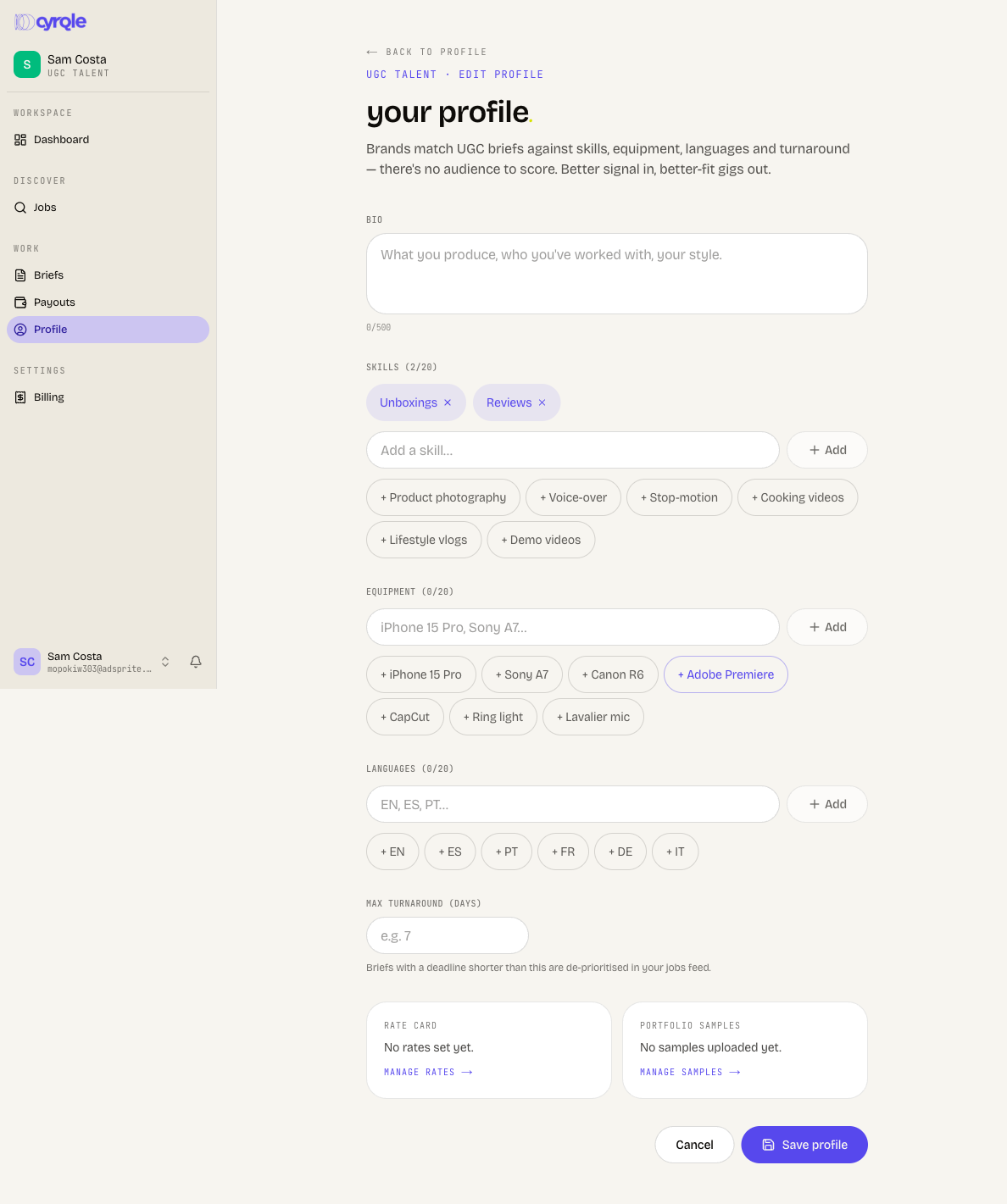 UGC profile editor with skills, equipment, languages, and turnaround