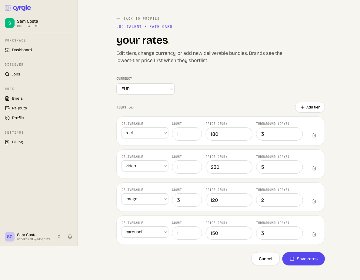Rate card editor with deliverable tiers, prices and turnarounds