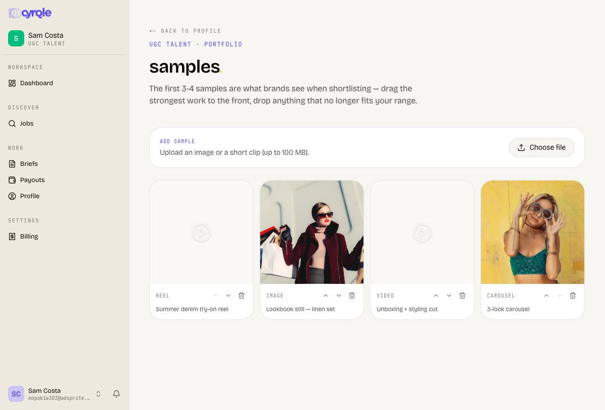 Portfolio samples editor with uploaded work